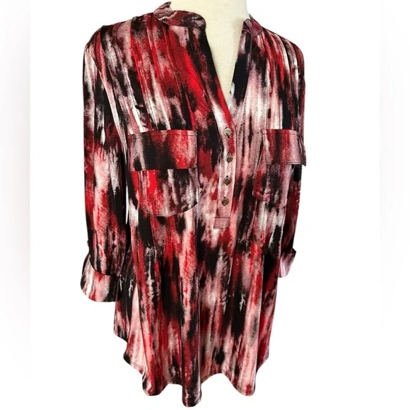 COCOMO 1X Red Black Plus Size  3/4 sleeve women's Pintuck … - Picture 3 of 12